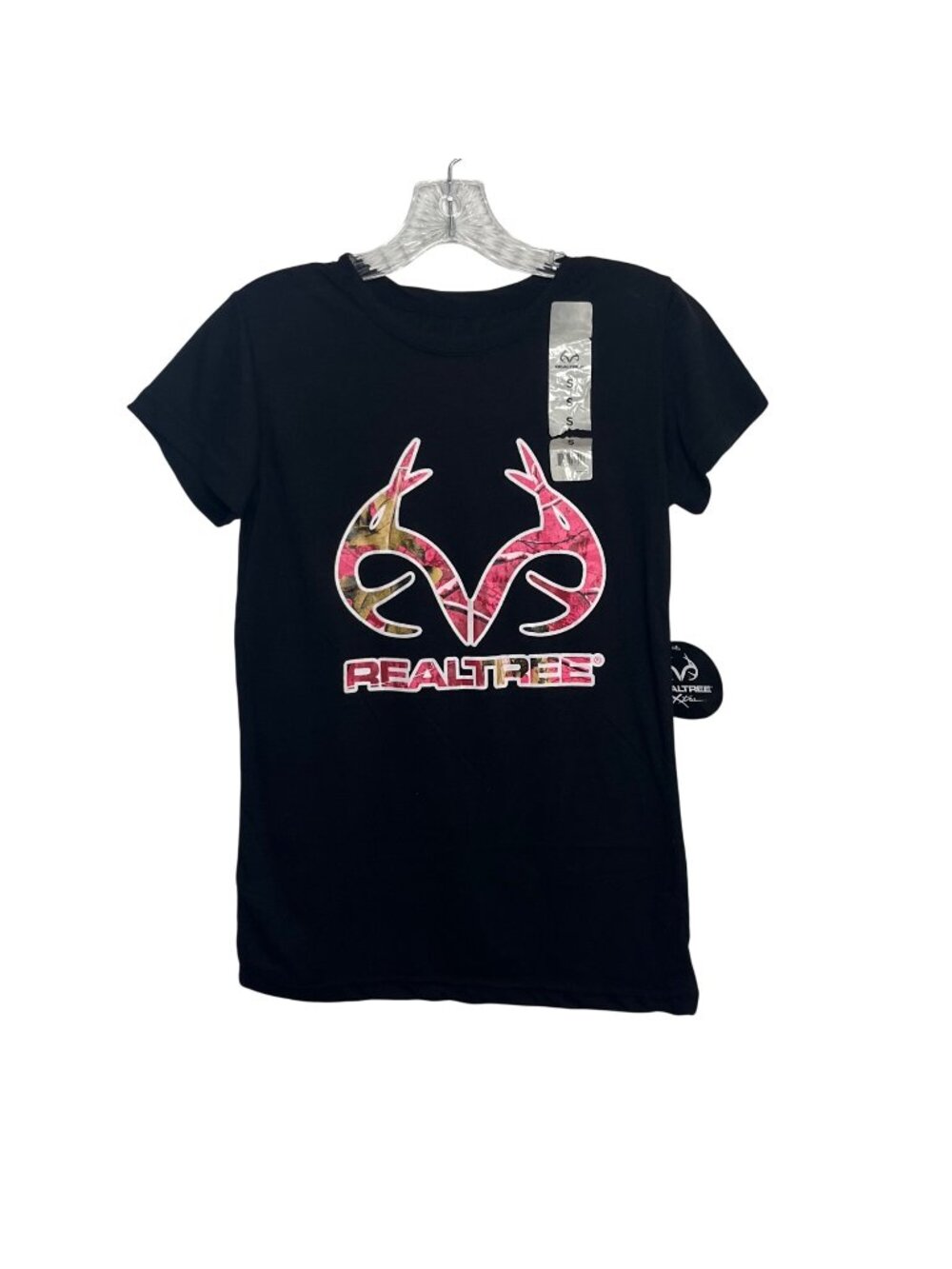 Realtree Camo Logo Short Sleeve Tshirt Womens Small Black Pink New Hunting